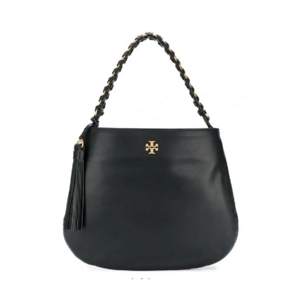 Tory Burch Brooke Minimalist Hobo‎ Bag Black Leather Gold Braided Handle 598$
